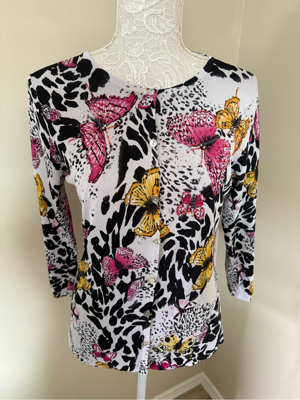 Venue Butterfly Animal Print Beaded Cardigan Sweater Large Rayon Nylon